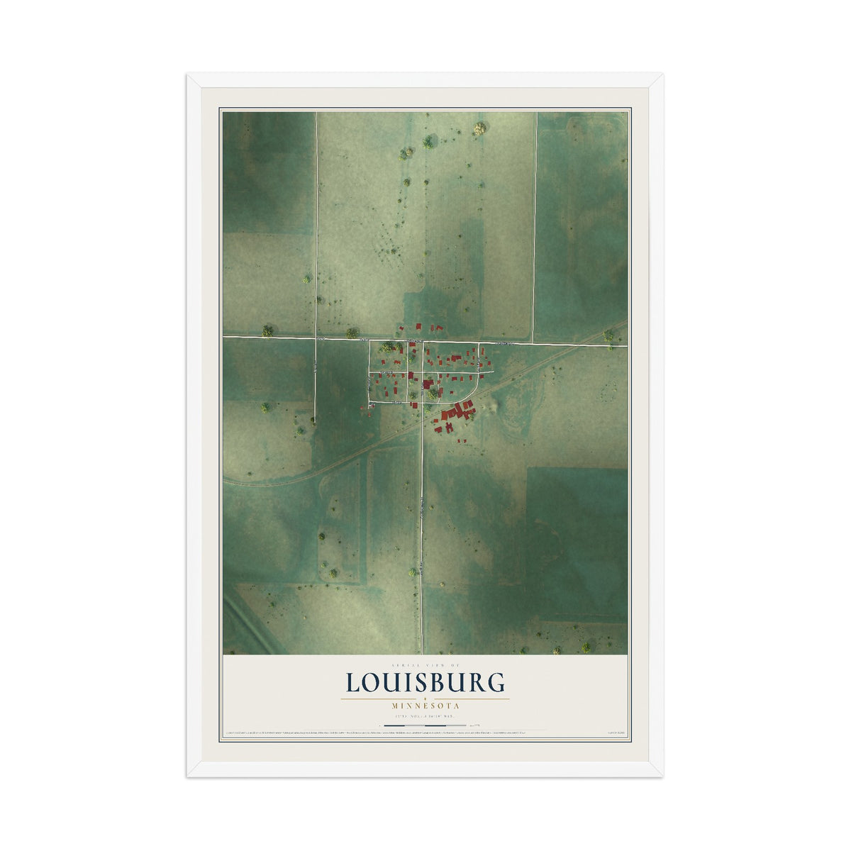 Map of Louisburg, Minnesota, 12 x 18 inch print in a white wood frame
