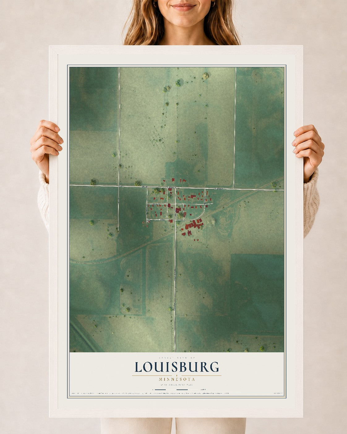 Map of Louisburg, Minnesota, 24 x 36 inch print in a white wood frame
