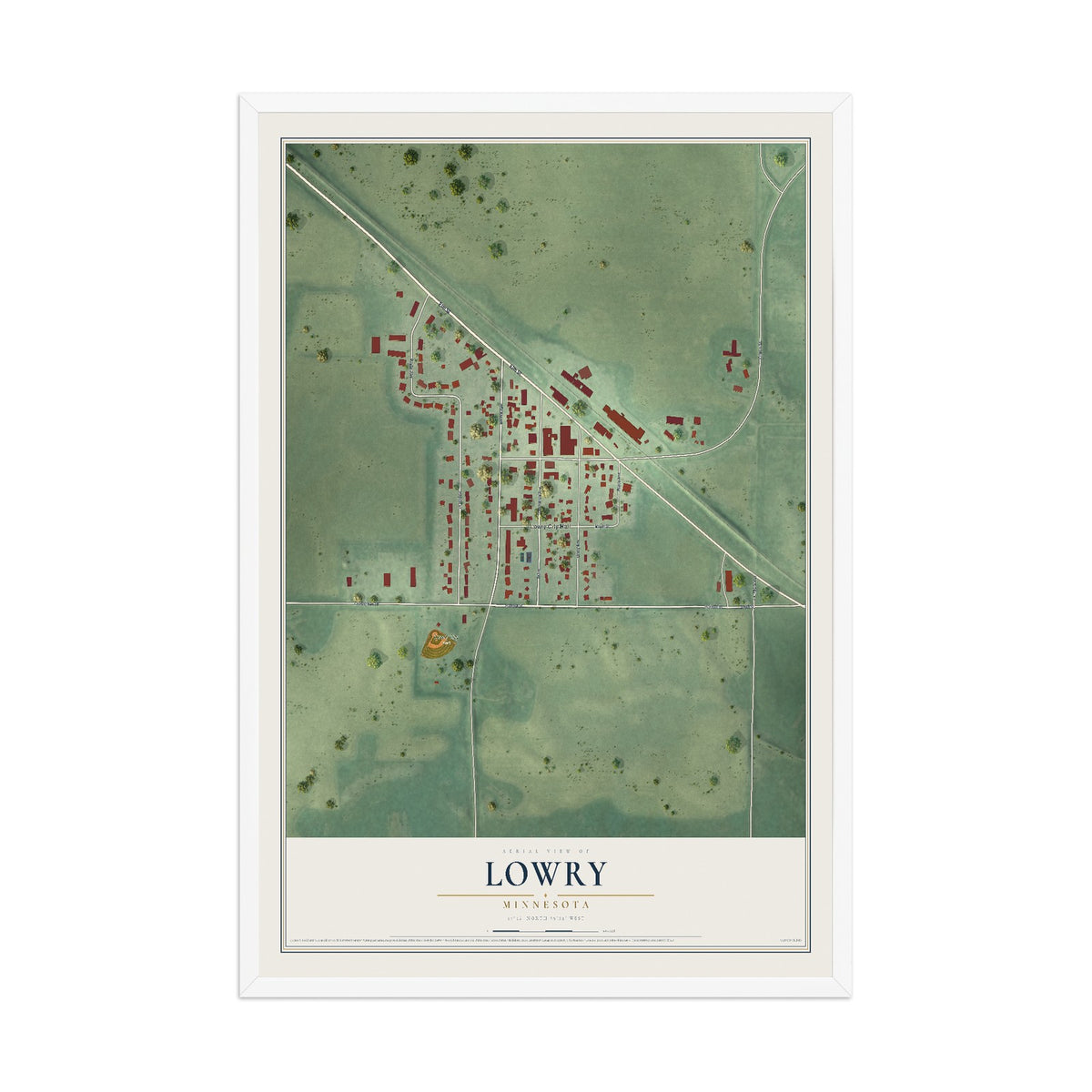 Map of Lowry, Minnesota, 12 x 18 inch print in a white wood frame