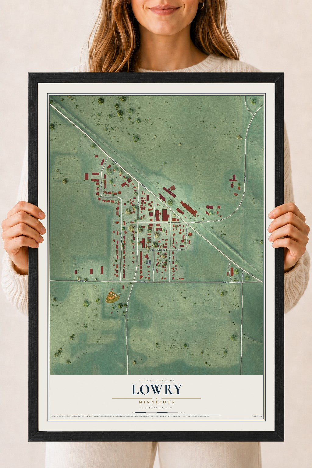 Map of Lowry, Minnesota, 18 x 24 inch print in a black wood frame