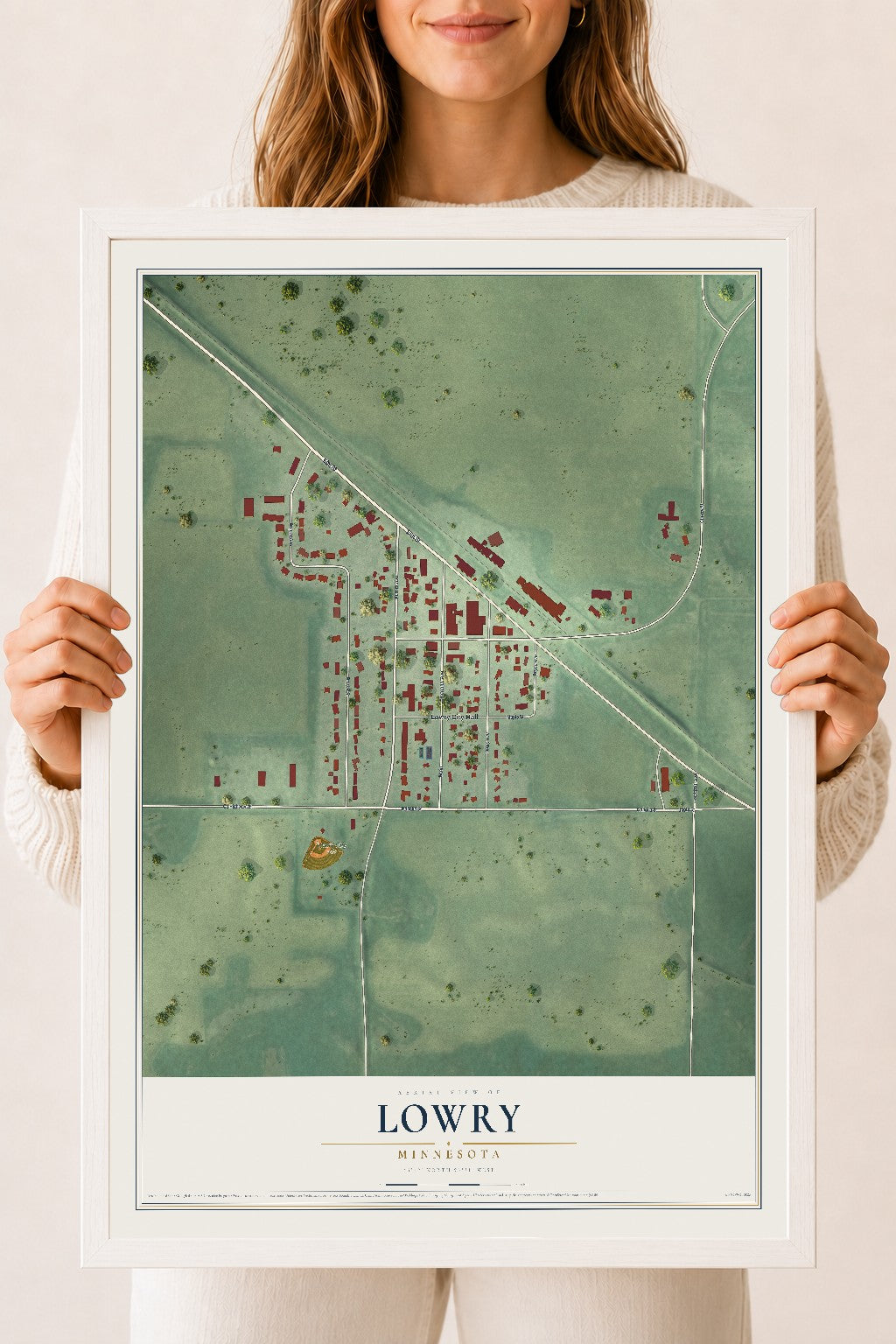 Map of Lowry, Minnesota, 18 x 24 inch print in a white wood frame