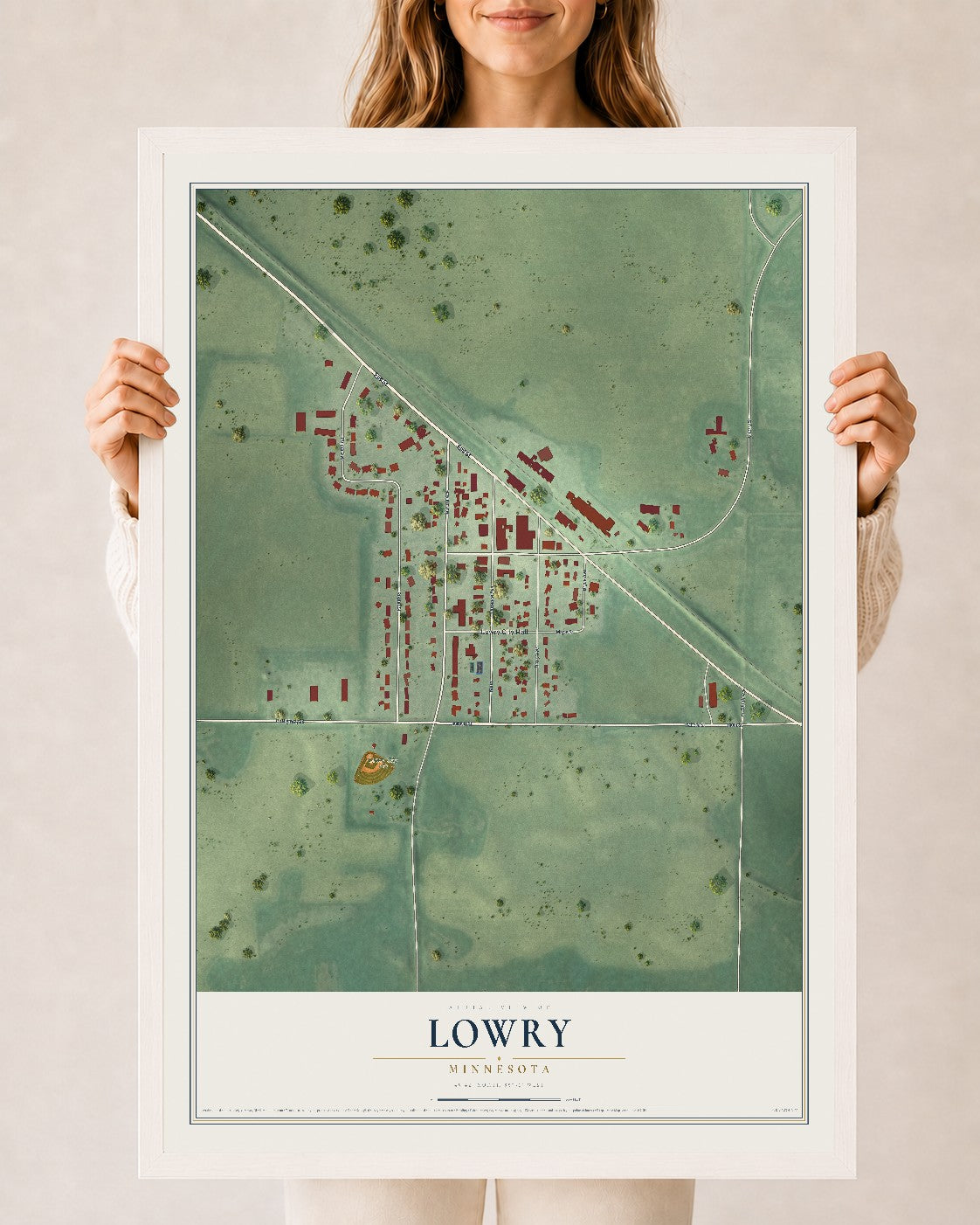 Map of Lowry, Minnesota, 24 x 36 inch print in a white wood frame