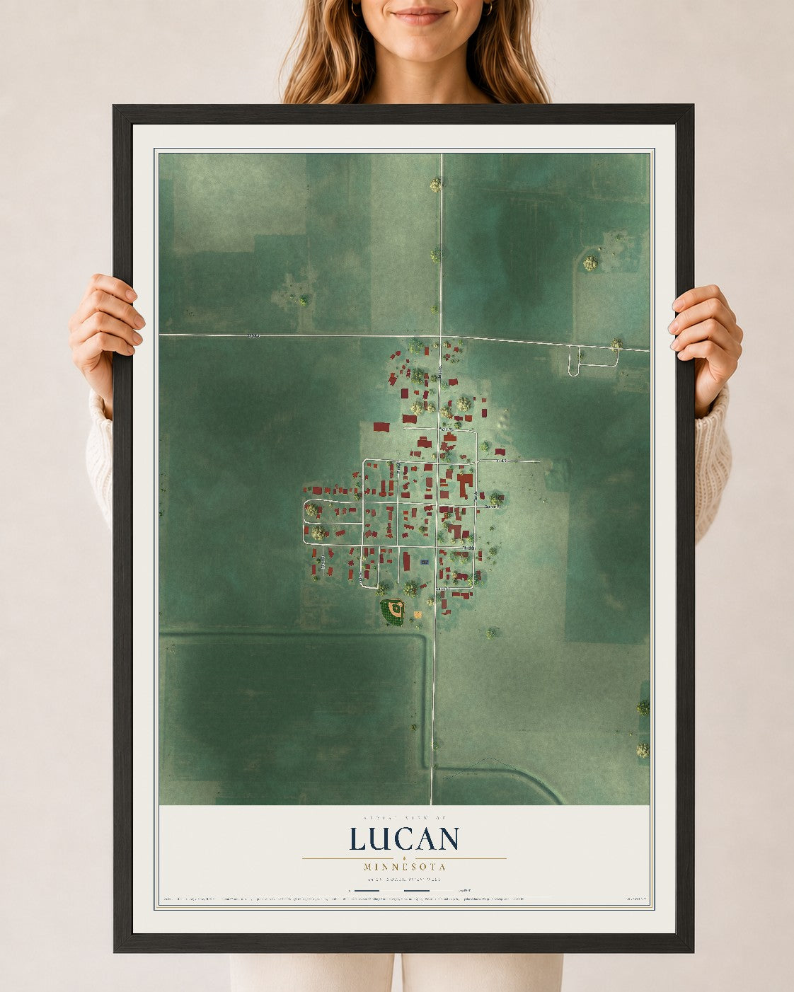 Map of Lucan, Minnesota, 24 x 36 inch print in a black wood frame