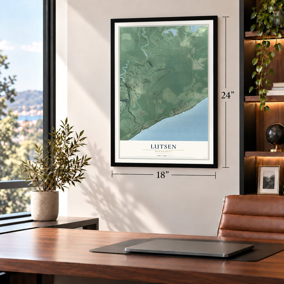 Lutsen, Minnesota map, 18 x 24 inch print in a black frame in a home office