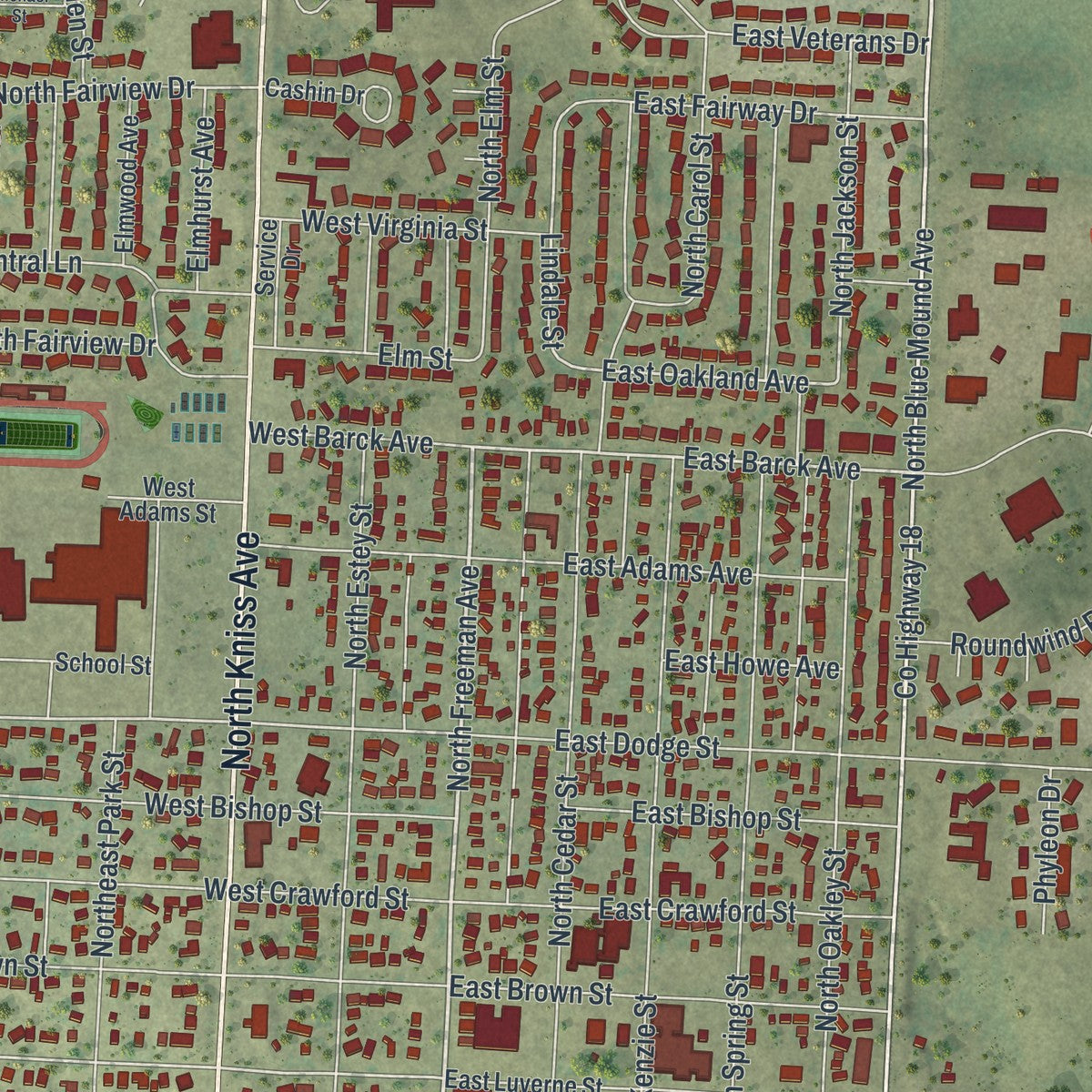 Close-up of the map of Luverne, Minnesota print showing street and building detail