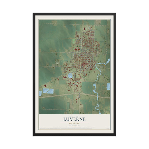 Map of Luverne, Minnesota, 12 x 18 inch print in a black wood frame