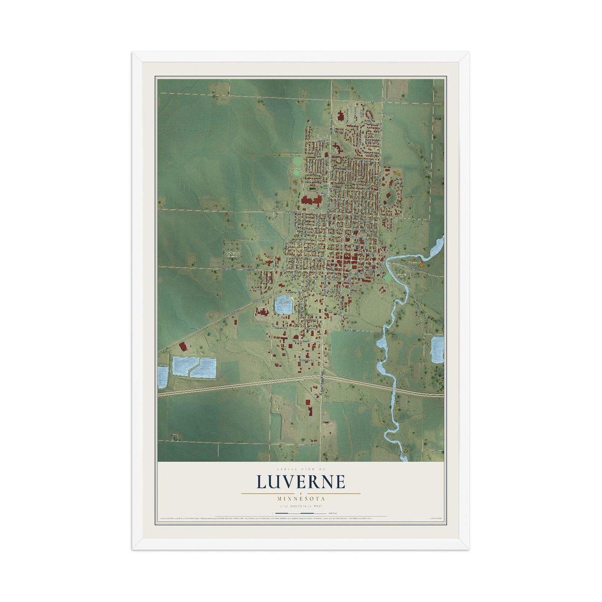 Map of Luverne, Minnesota, 12 x 18 inch print in a white wood frame