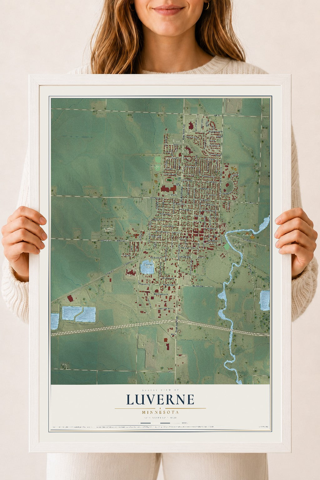 Map of Luverne, Minnesota, 18 x 24 inch print in a white wood frame