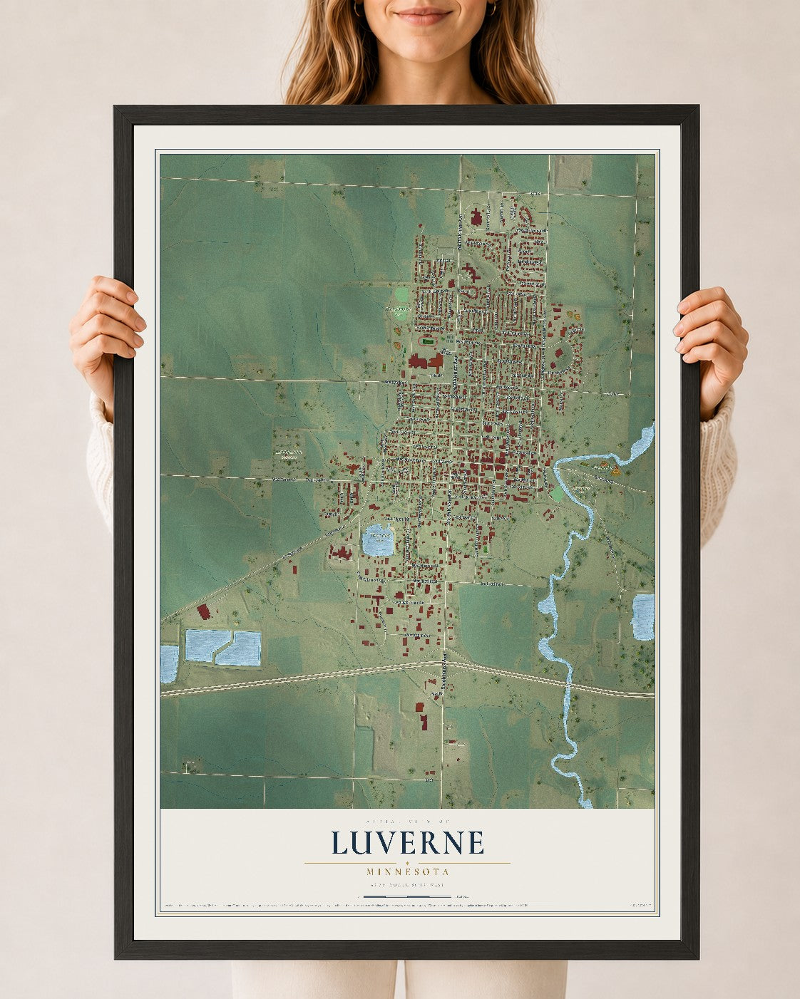 Map of Luverne, Minnesota, 24 x 36 inch print in a black wood frame