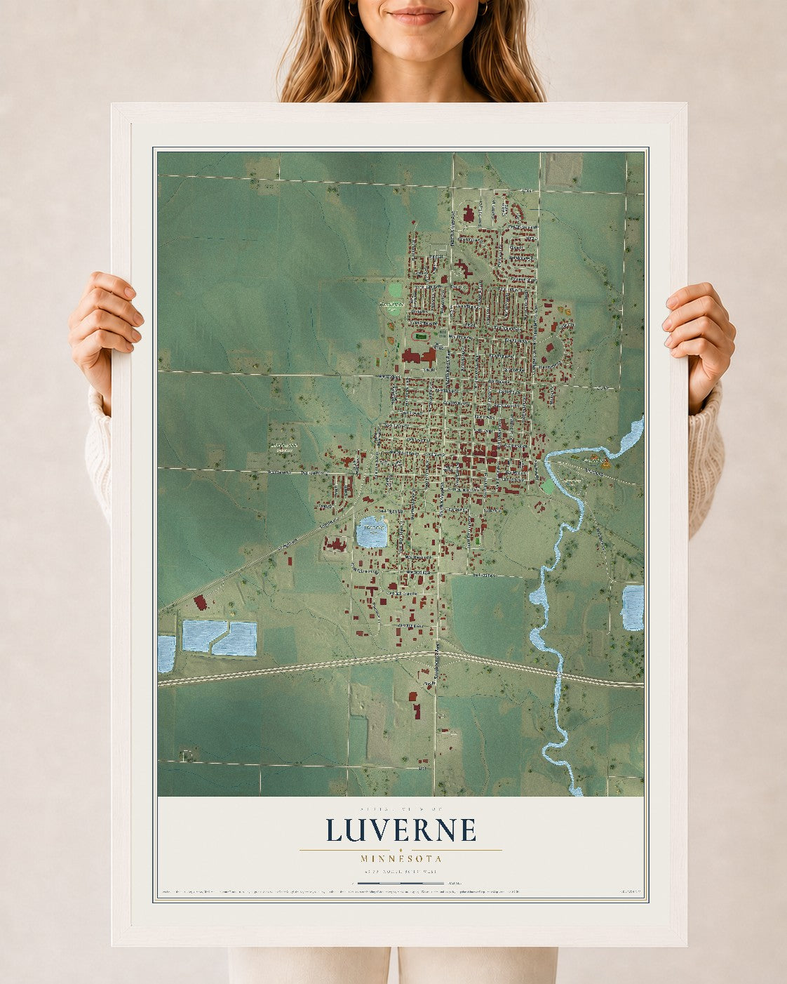 Map of Luverne, Minnesota, 24 x 36 inch print in a white wood frame