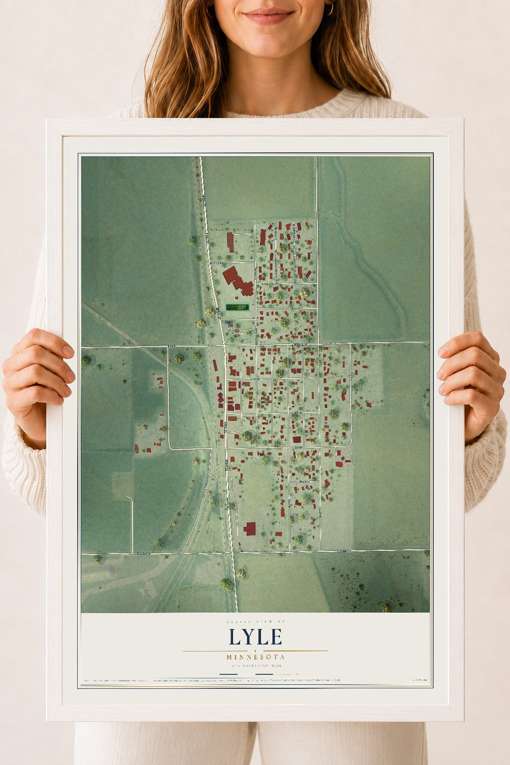 Map of Lyle, Minnesota, 18 x 24 inch print in a white wood frame