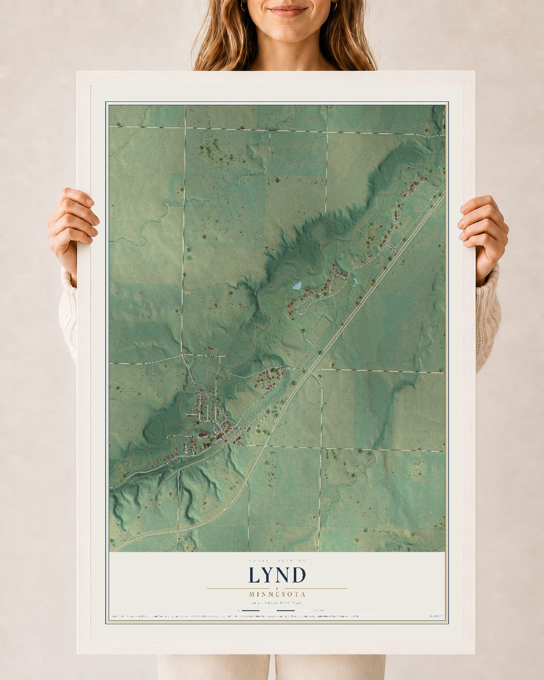 Map of Lynd, Minnesota, 24 x 36 inch print in a white wood frame