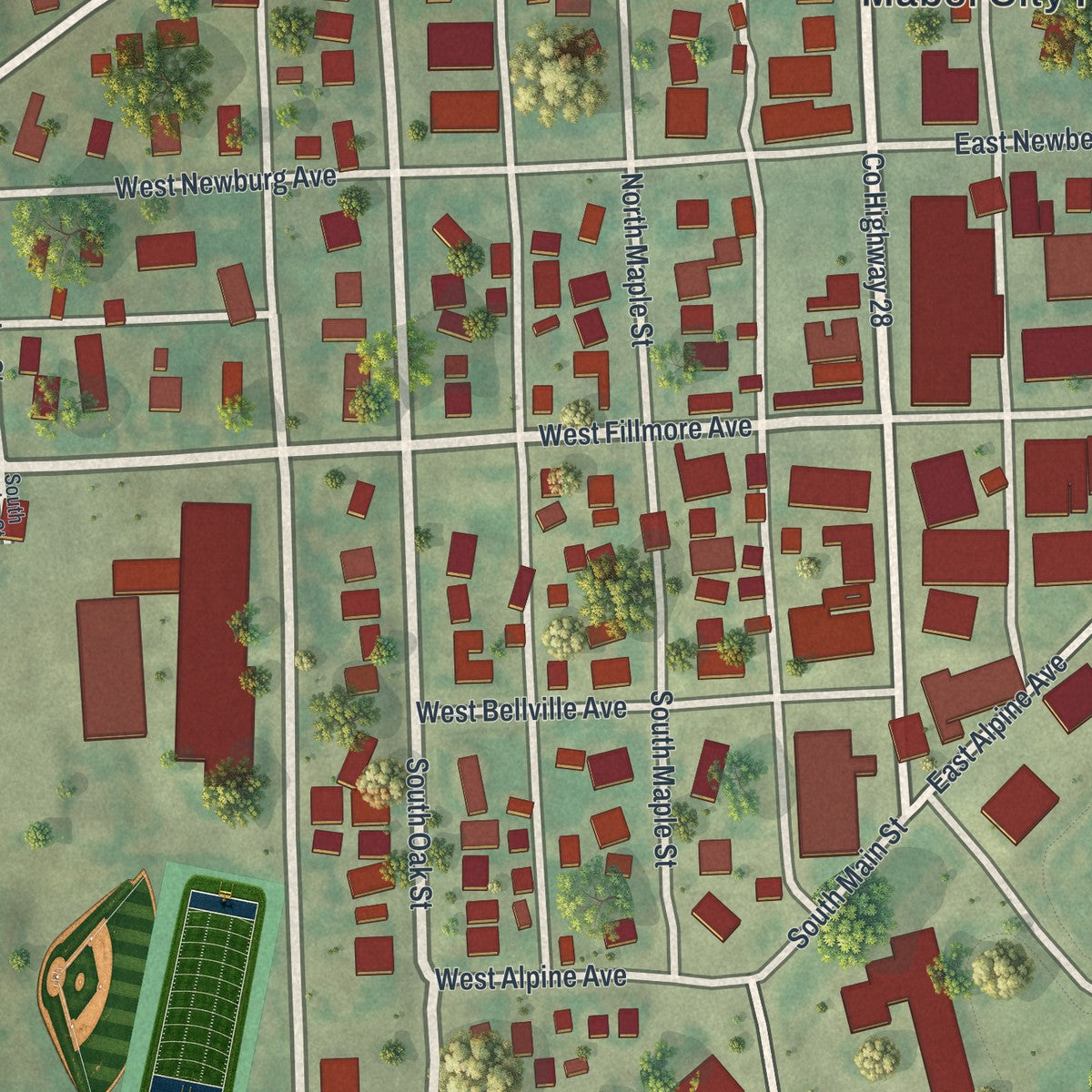 Close-up of the map of Mabel, Minnesota print showing street and building detail