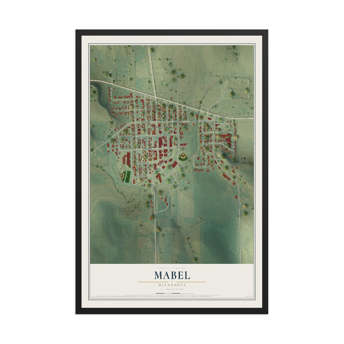 Map of Mabel, Minnesota, 12 x 18 inch print in a black wood frame