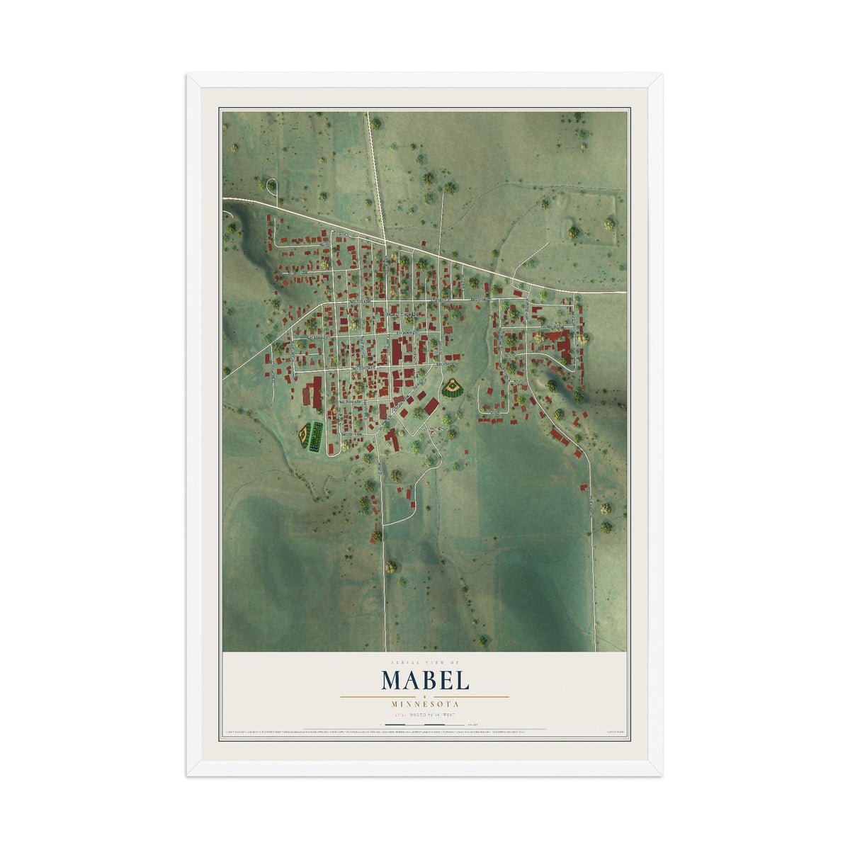 Map of Mabel, Minnesota, 12 x 18 inch print in a white wood frame