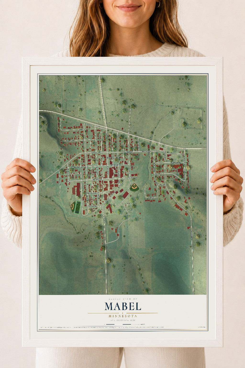 Map of Mabel, Minnesota, 18 x 24 inch print in a white wood frame