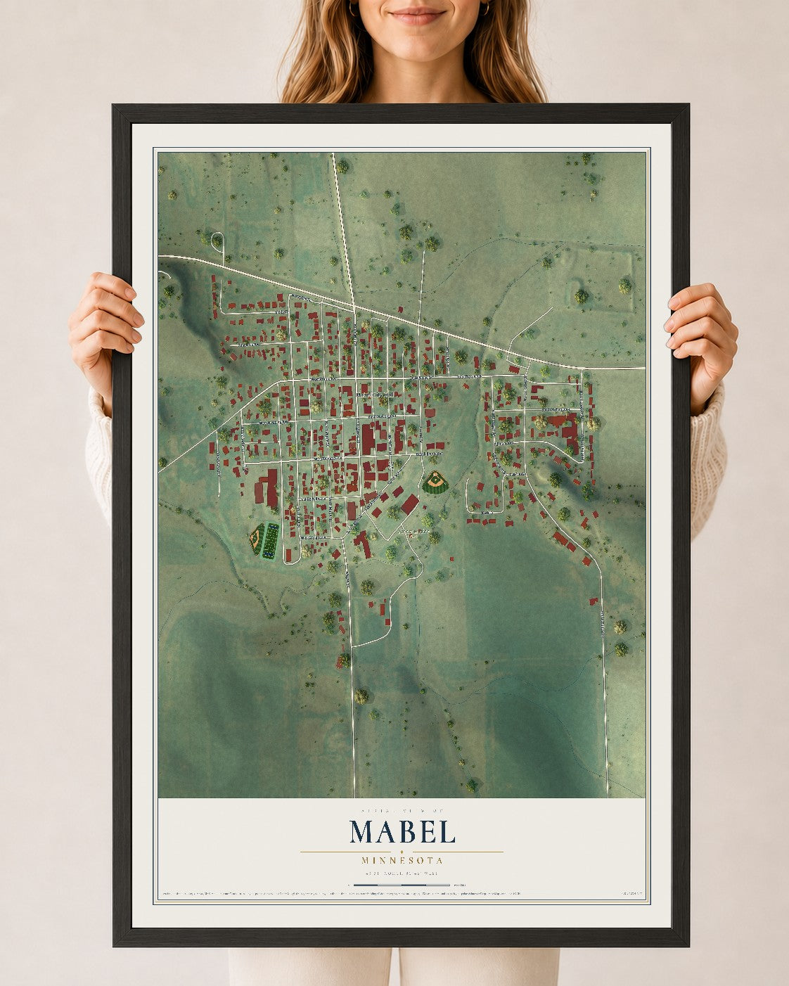 Map of Mabel, Minnesota, 24 x 36 inch print in a black wood frame