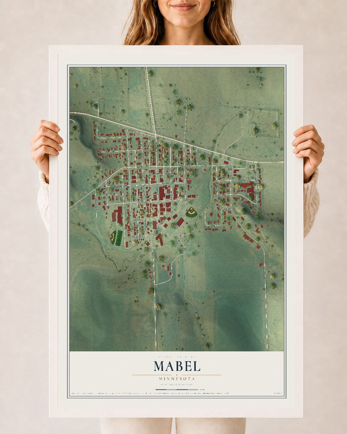 Map of Mabel, Minnesota, 24 x 36 inch print in a white wood frame