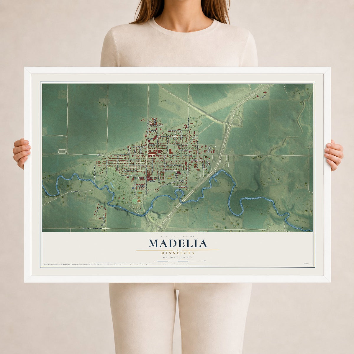 Map of Madelia, Minnesota, 24 x 36 inch print in a white wood frame