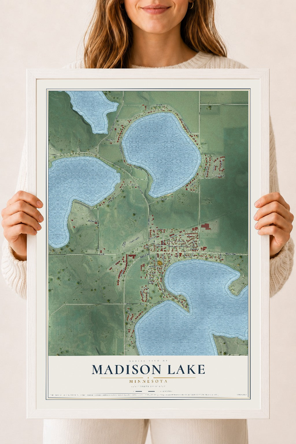 Map of Madison Lake, Minnesota, 18 x 24 inch print in a white wood frame