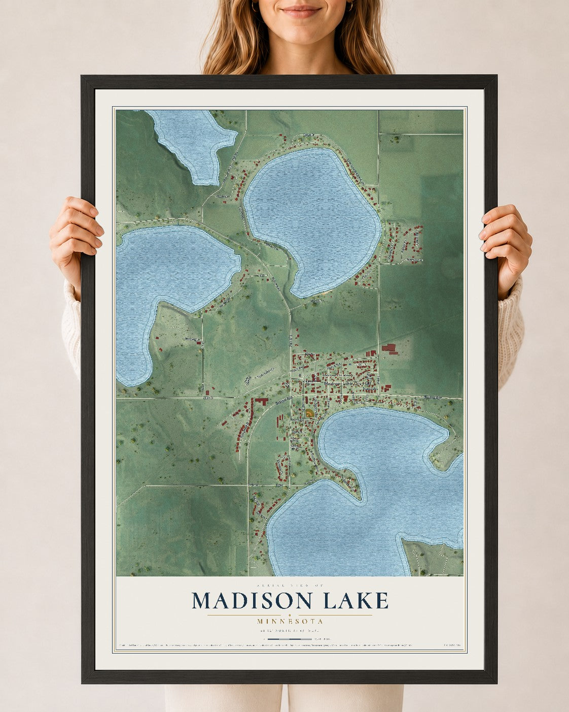 Map of Madison Lake, Minnesota, 24 x 36 inch print in a black wood frame