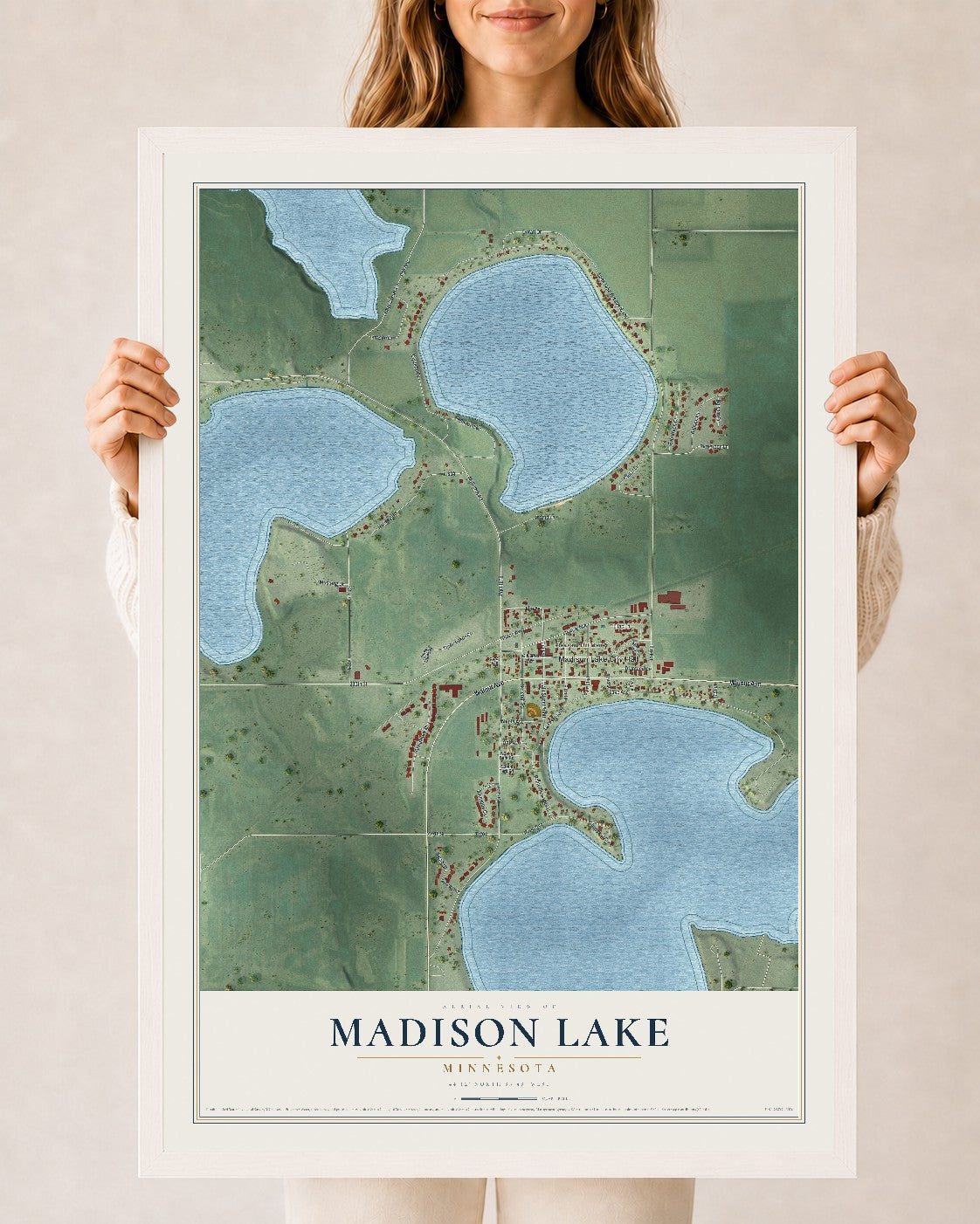 Map of Madison Lake, Minnesota, 24 x 36 inch print in a white wood frame