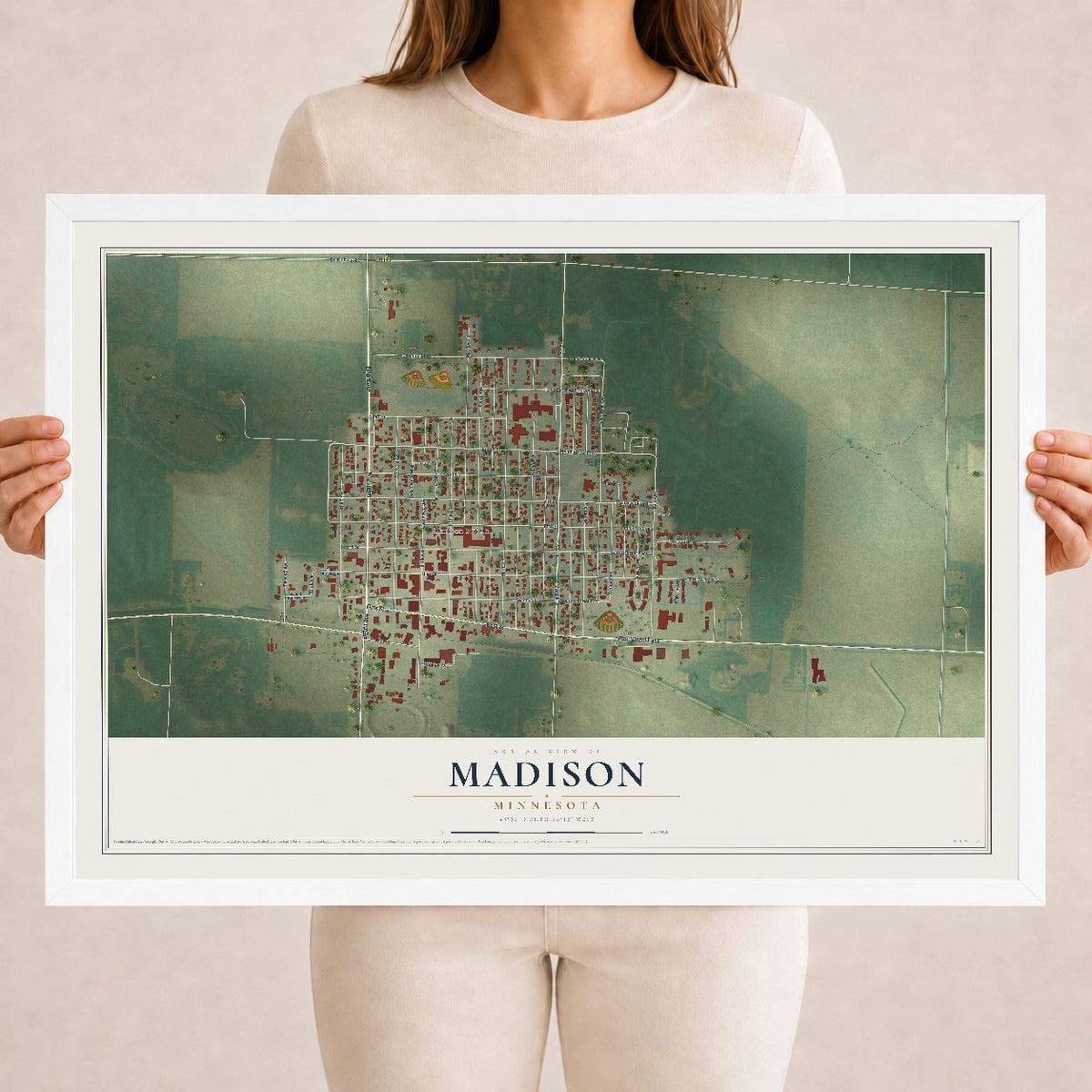 Map of Madison, Minnesota, 18 x 24 inch print in a white wood frame
