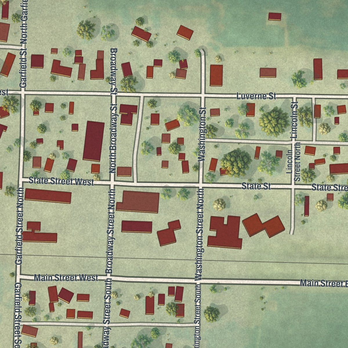 Close-up of the map of Magnolia, Minnesota print showing street and building detail