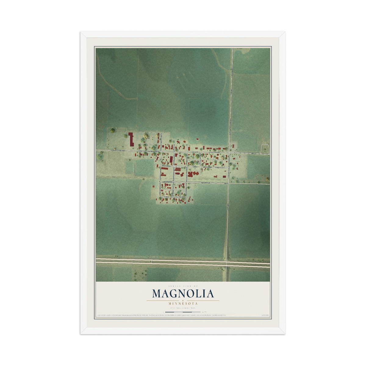 Map of Magnolia, Minnesota, 12 x 18 inch print in a white wood frame