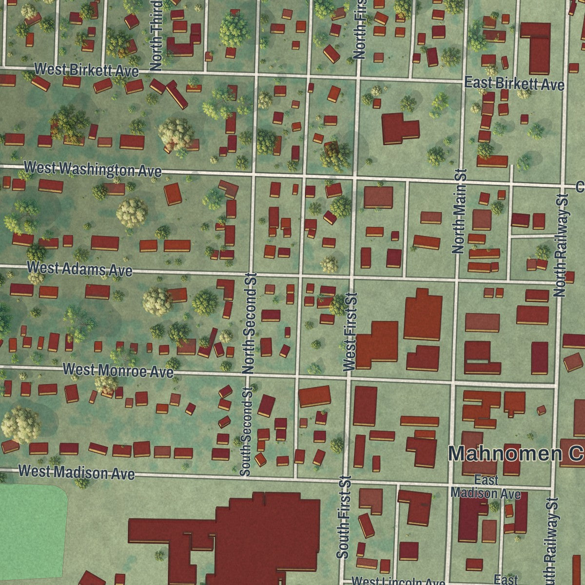 Close-up of the map of Mahnomen, Minnesota print showing street and building detail
