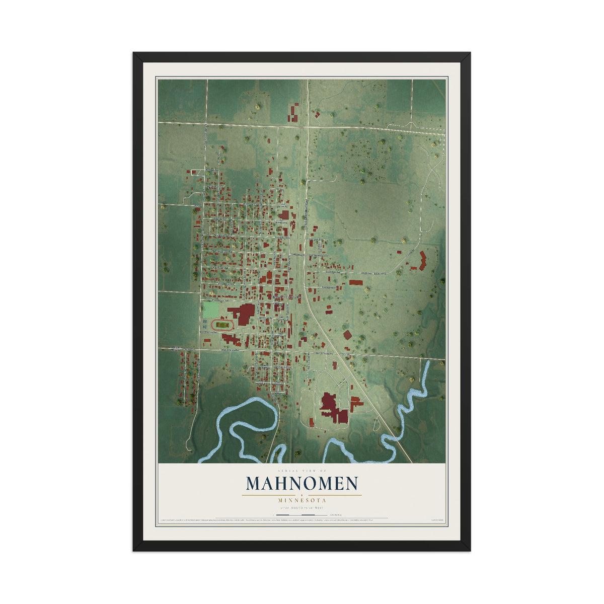 Map of Mahnomen, Minnesota, 12 x 18 inch print in a black wood frame