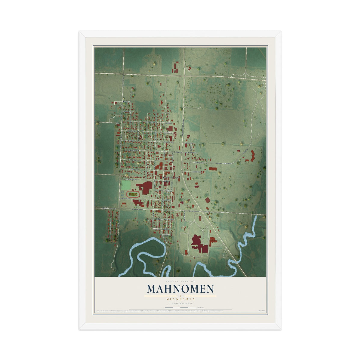 Map of Mahnomen, Minnesota, 12 x 18 inch print in a white wood frame