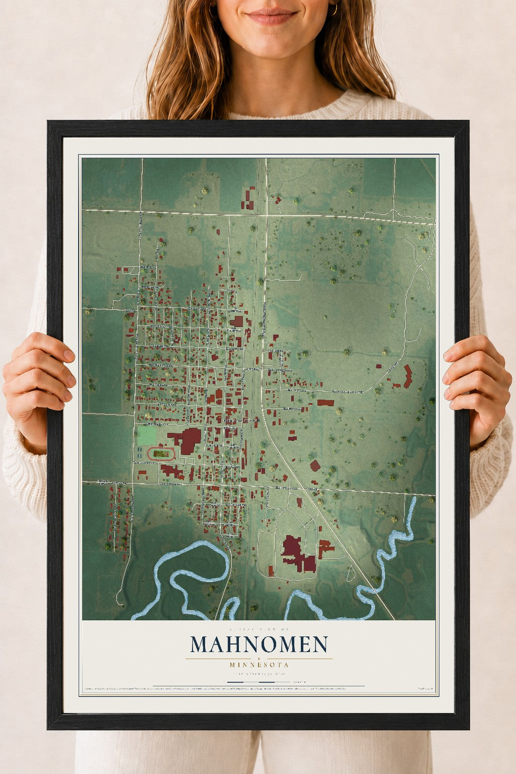 Map of Mahnomen, Minnesota, 18 x 24 inch print in a black wood frame
