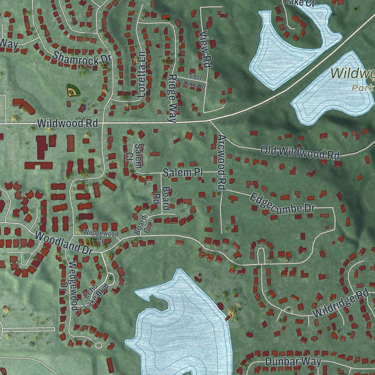 Close-up of the map of Mahtomedi, Minnesota print showing street and building detail