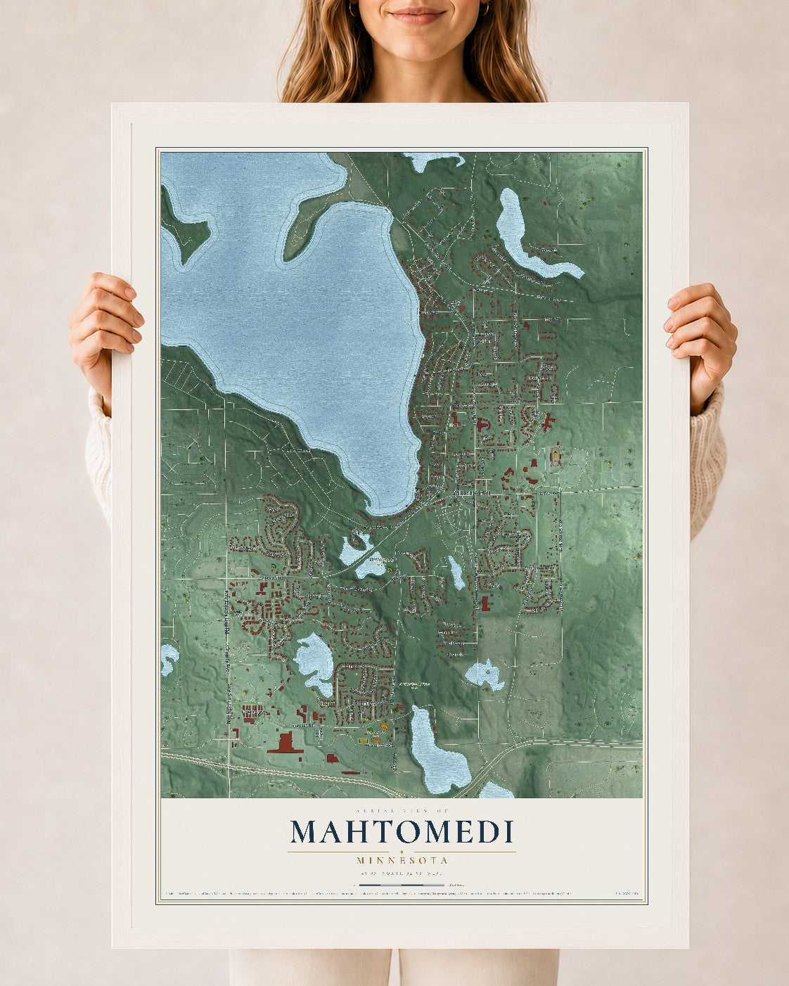 Map of Mahtomedi, Minnesota, 24 x 36 inch print in a white wood frame