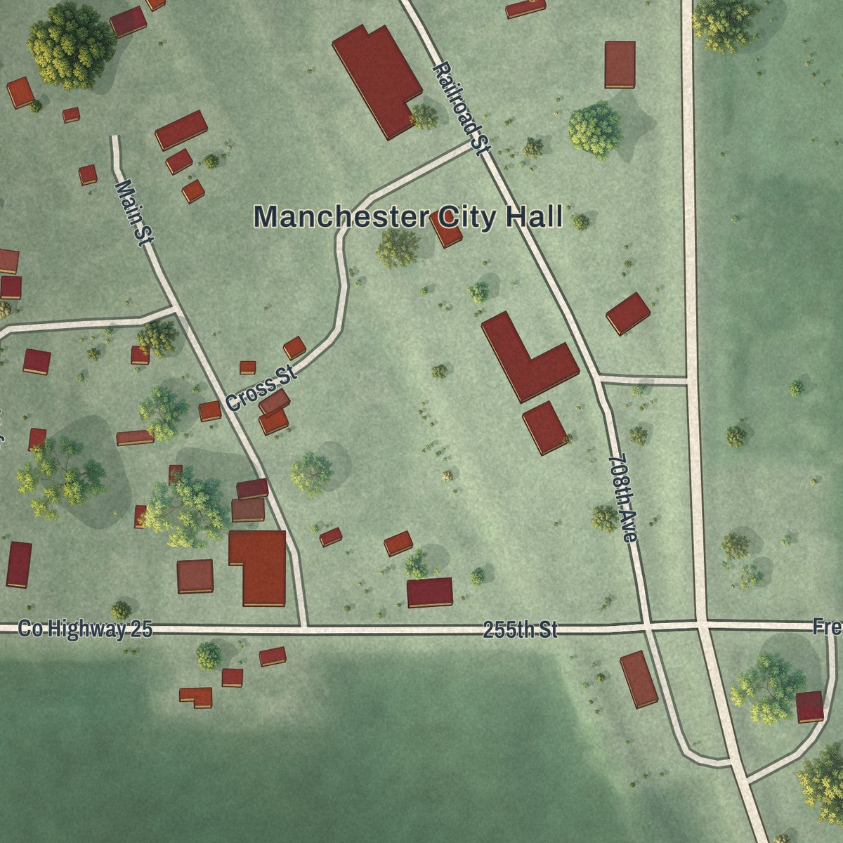 Close-up of the map of Manchester, Minnesota print showing street and building detail