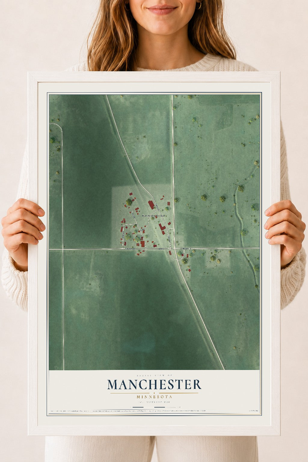 Map of Manchester, Minnesota, 18 x 24 inch print in a white wood frame
