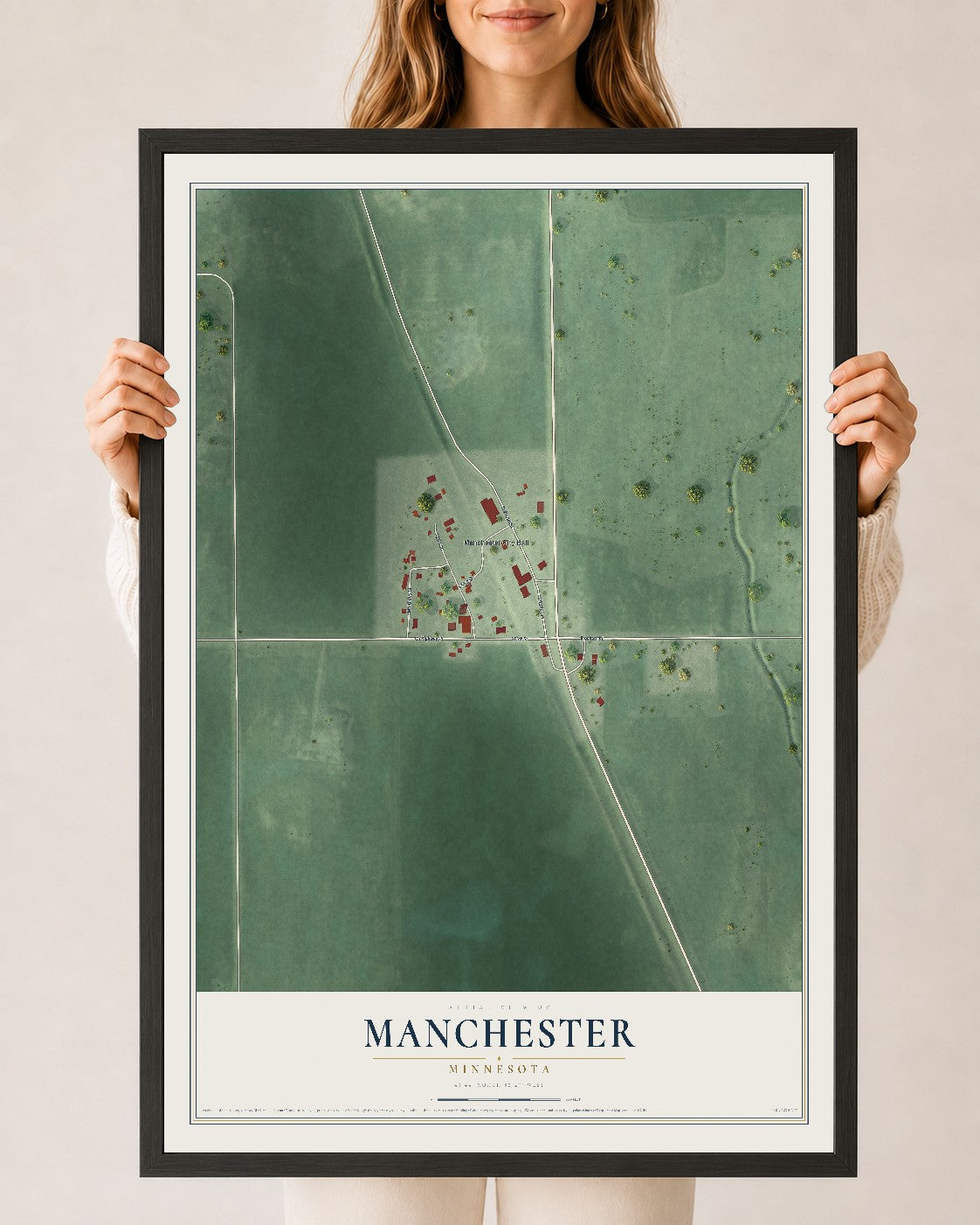 Map of Manchester, Minnesota, 24 x 36 inch print in a black wood frame