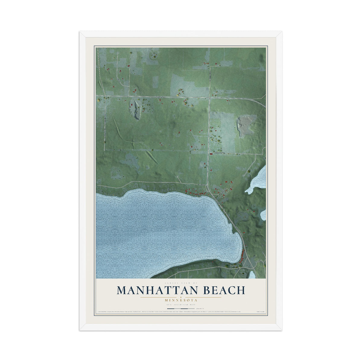 Map of Manhattan Beach, Minnesota, 12 x 18 inch print in a white wood frame
