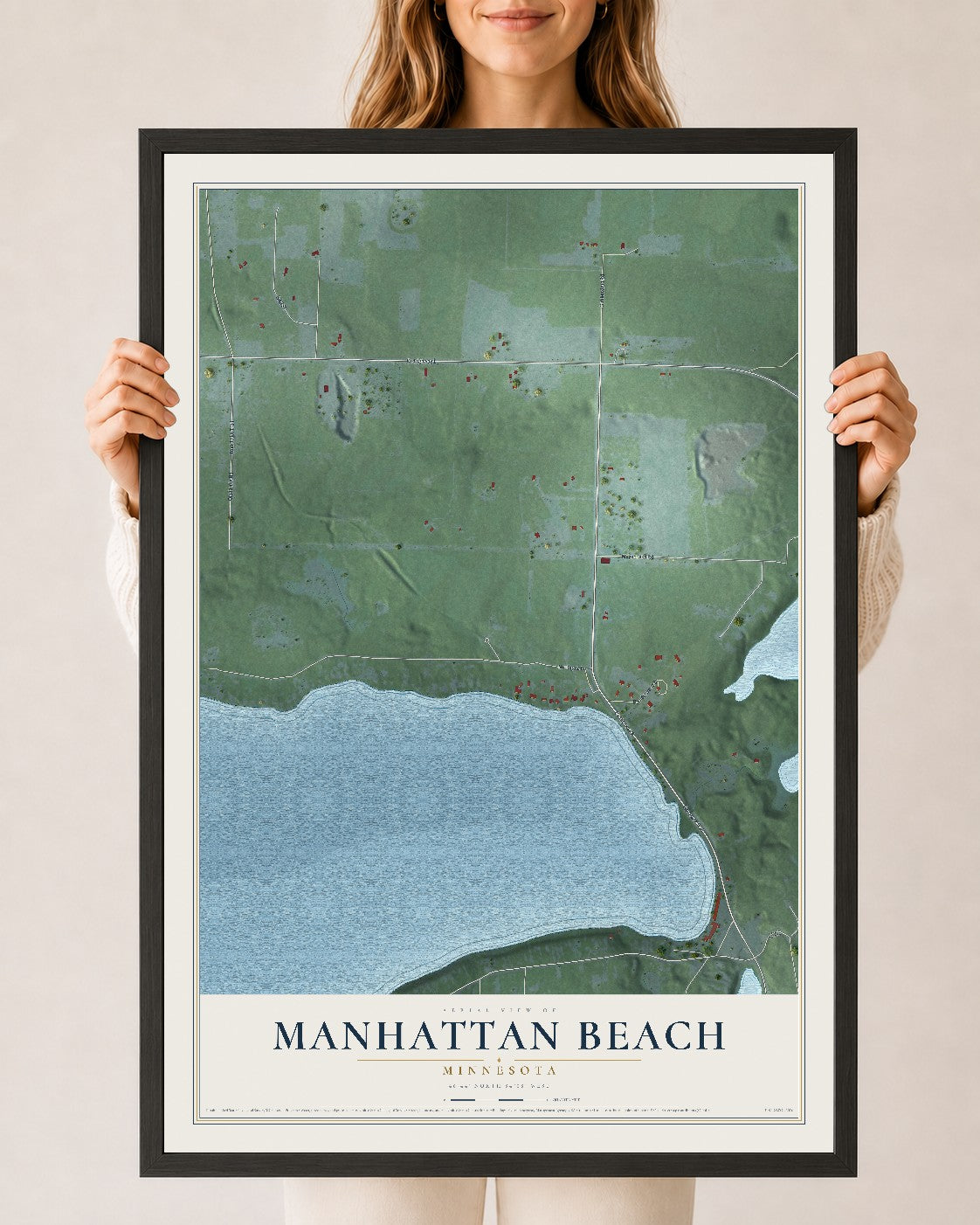 Map of Manhattan Beach, Minnesota, 24 x 36 inch print in a black wood frame
