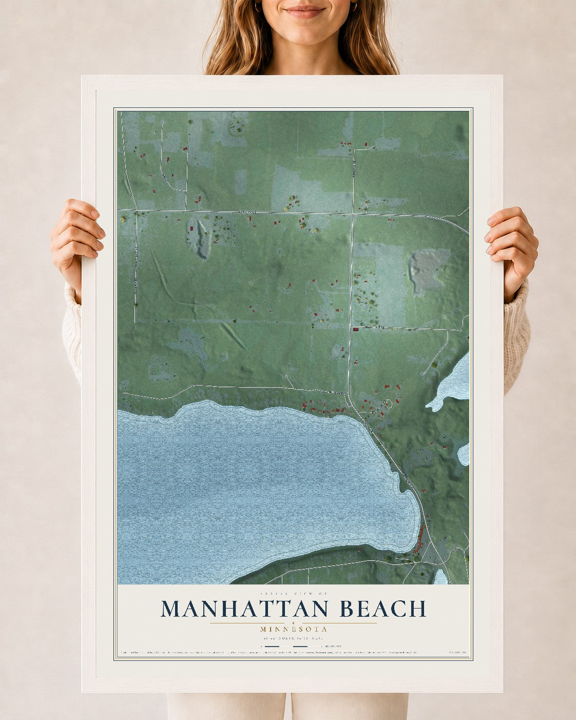 Map of Manhattan Beach, Minnesota, 24 x 36 inch print in a white wood frame