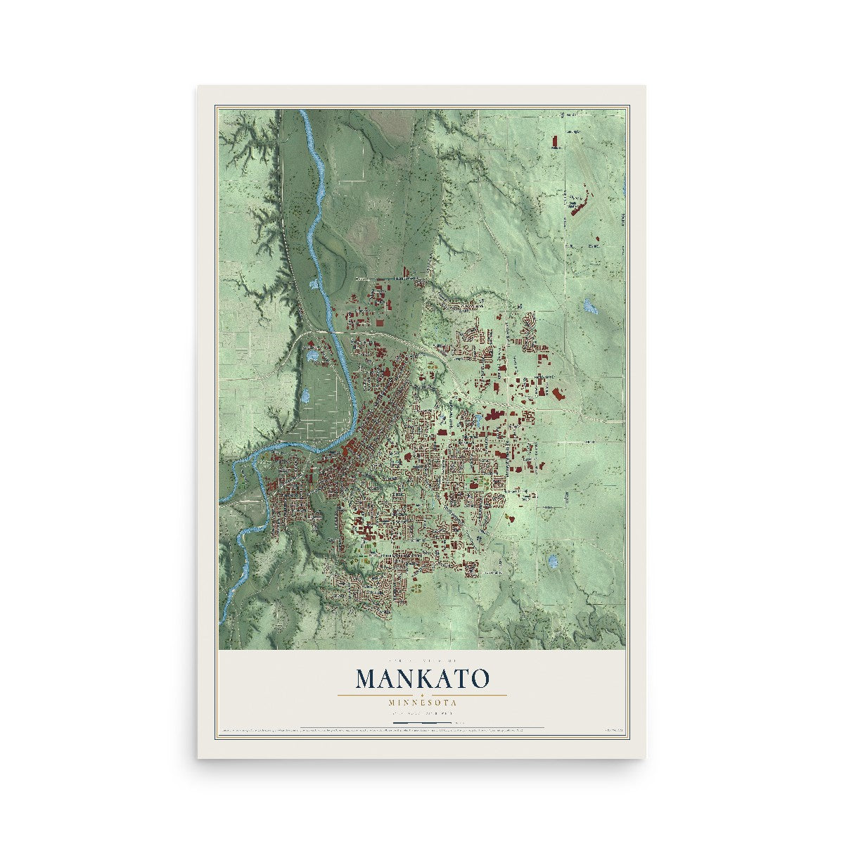 Map of Mankato, Minnesota, 12 x 18 inch unframed archival matte print