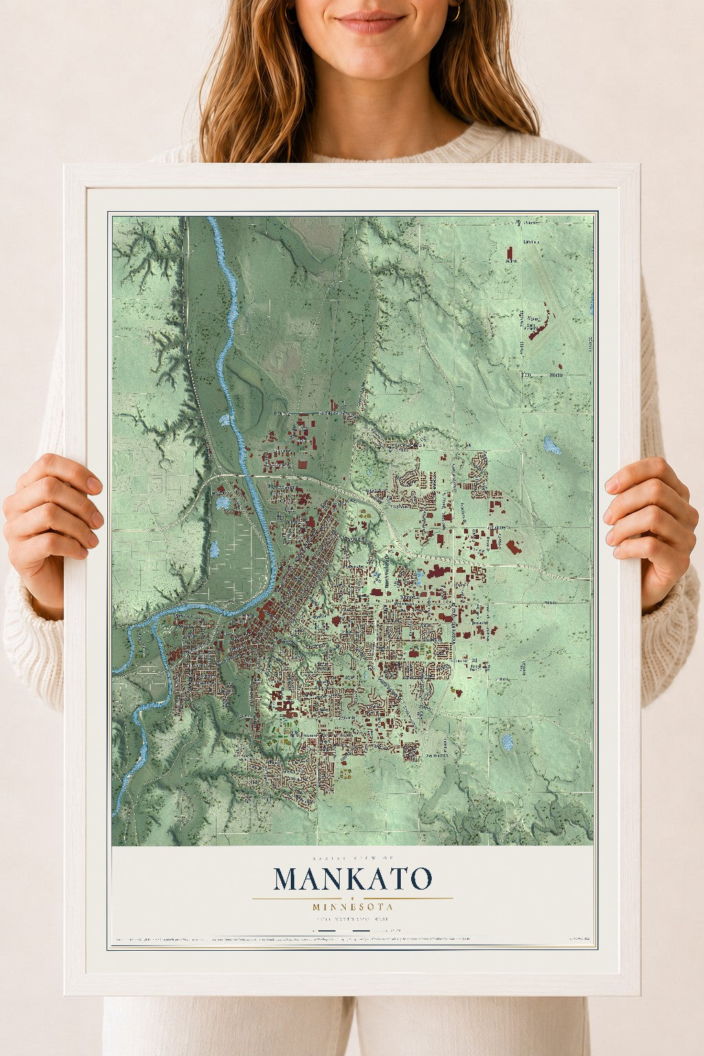 Map of Mankato, Minnesota, 18 x 24 inch print in a white wood frame