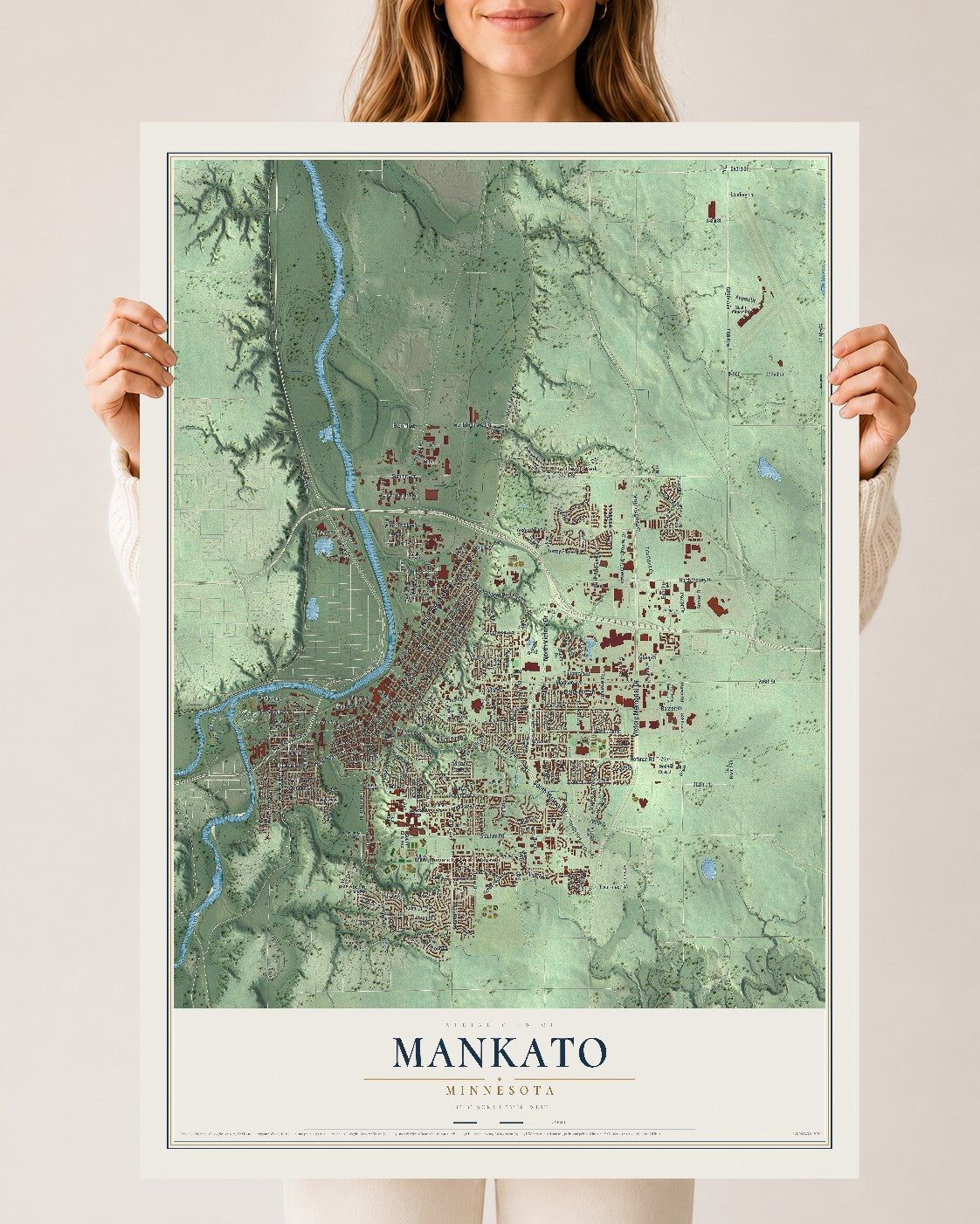 Map of Mankato, Minnesota, 24 x 36 inch unframed archival matte print