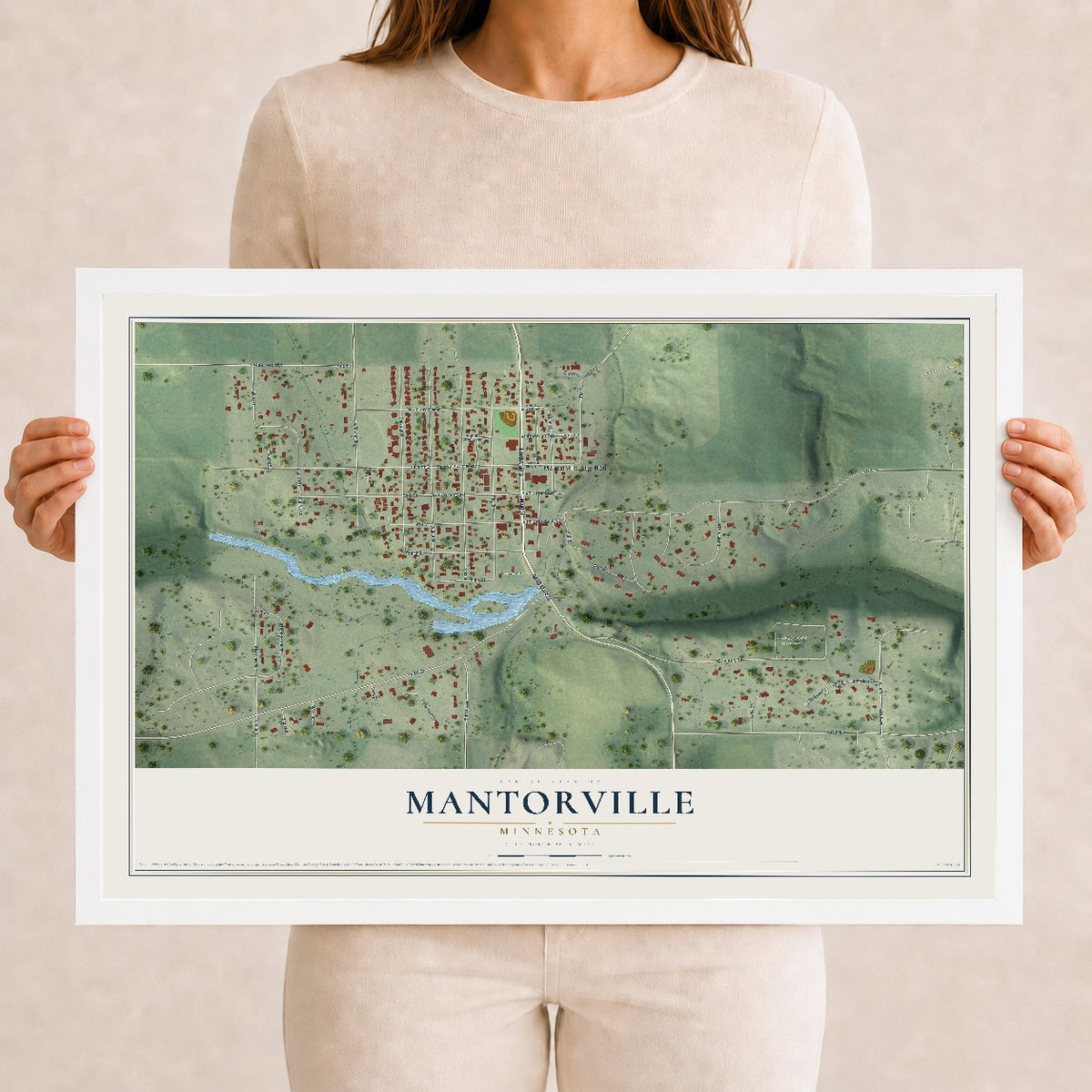 Map of Mantorville, Minnesota, 12 x 18 inch print in a white wood frame