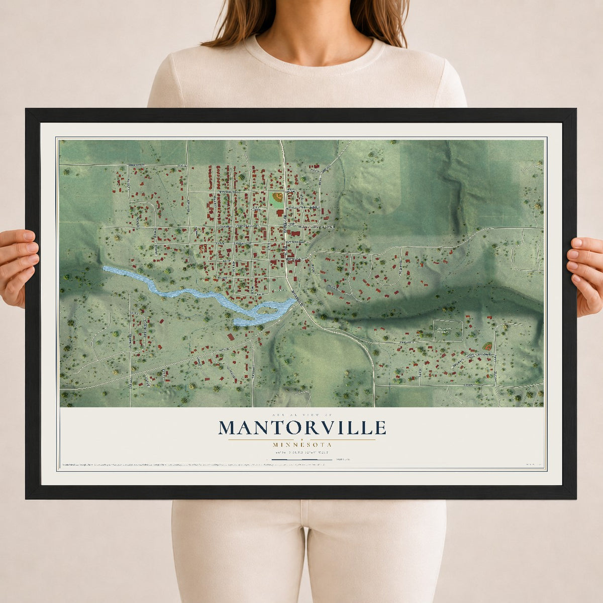 Map of Mantorville, Minnesota, 18 x 24 inch print in a black wood frame