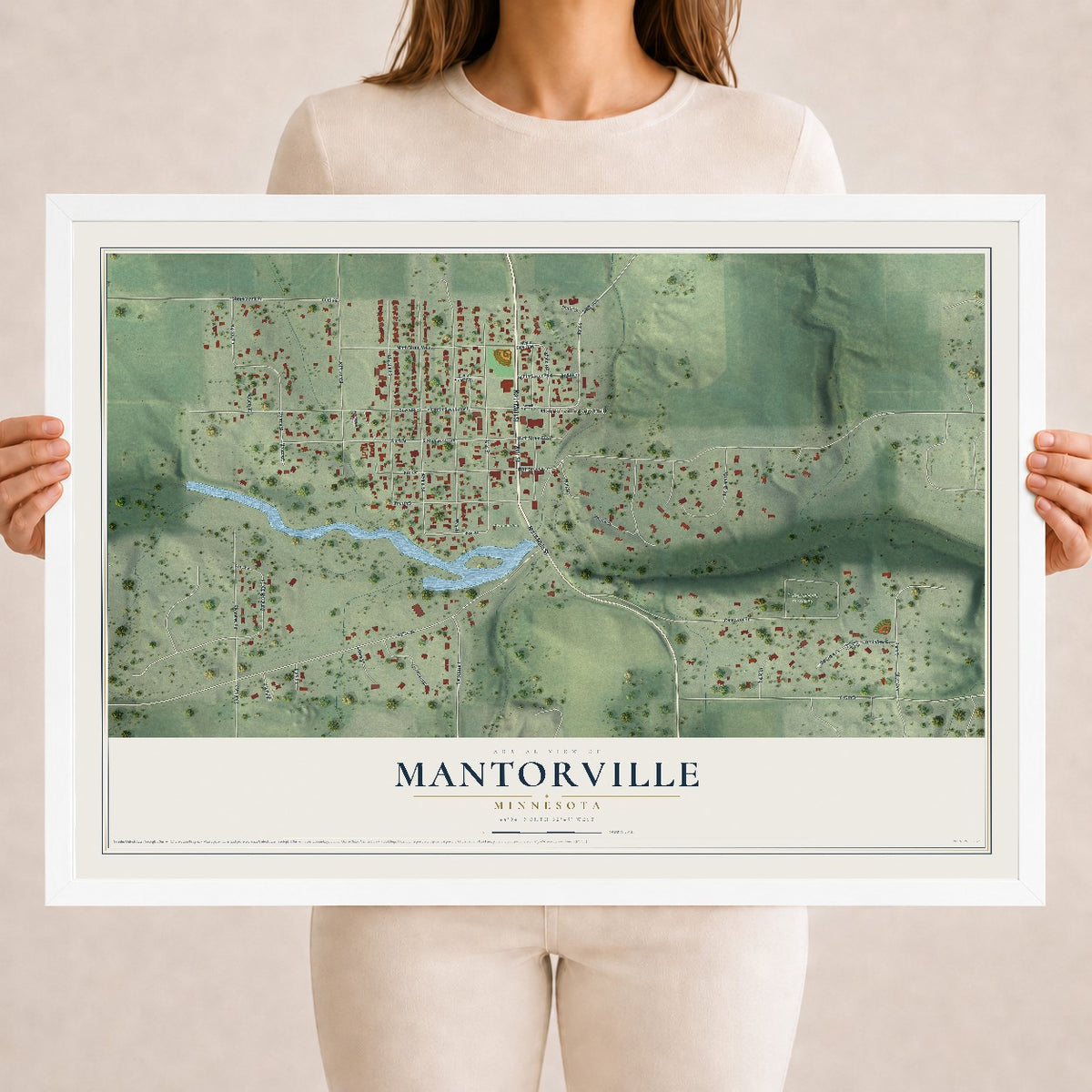 Map of Mantorville, Minnesota, 18 x 24 inch print in a white wood frame