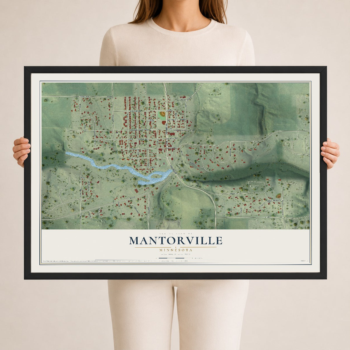 Map of Mantorville, Minnesota, 24 x 36 inch print in a black wood frame