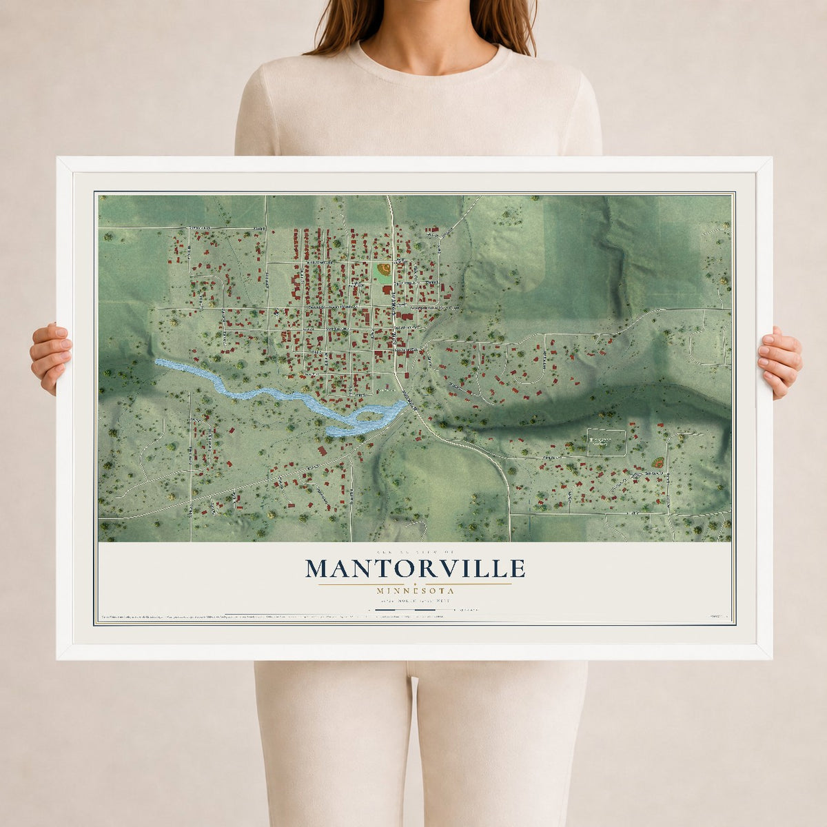 Map of Mantorville, Minnesota, 24 x 36 inch print in a white wood frame