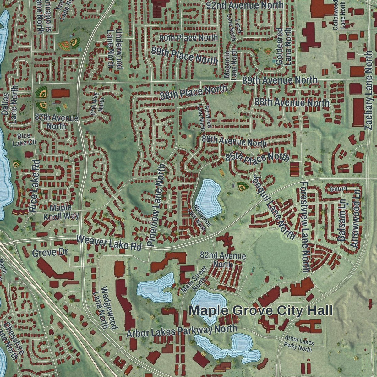 Close-up of the map of Maple Grove, Minnesota print showing street and building detail